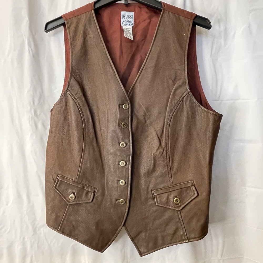 Vintage RUSS Petite State Of Blue Women Western Leather Vest Chocolate Brown PL‎
